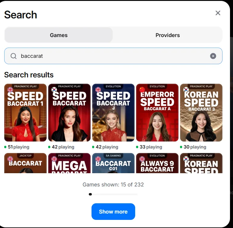 1Win search for baccarat showing 15 of 232 games