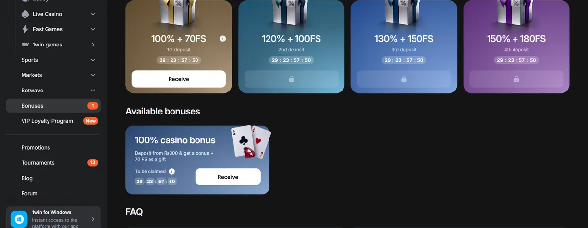 1Win four-deposit casino bonus for Pakistani players