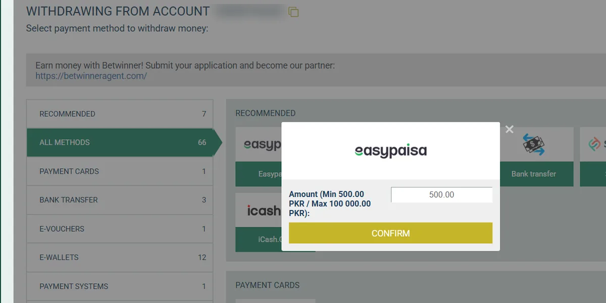 Betwinner Easypaisa withdrawal form: minimum Rs 500, maximum Rs 100,000