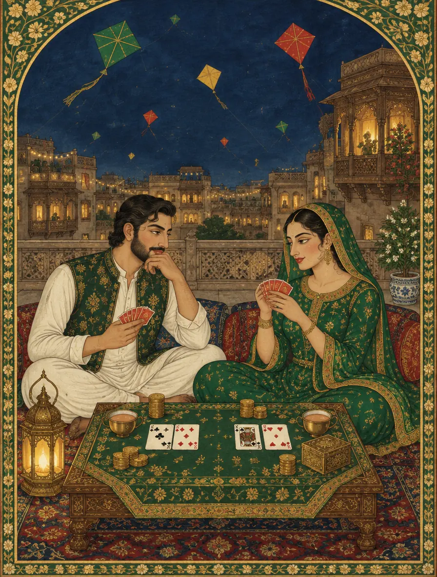 Illustration in the style of a Pakistani miniature painting: friends playing baccarat on a Lahore rooftop at night